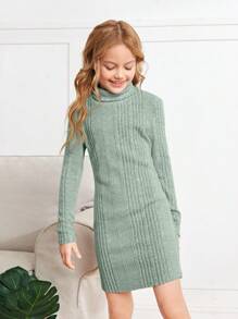 SHEIN Tween Girl High Neck Ribbed Knit Dress - Mint Green - View 3