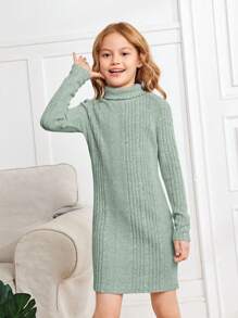 SHEIN Tween Girl High Neck Ribbed Knit Dress - Mint Green - View 4