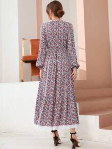 Mulvari 小碎花凸花蕾絲細節荷葉邊燈籠袖洋裝