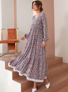 Mulvari 小碎花凸花蕾絲細節荷葉邊燈籠袖洋裝