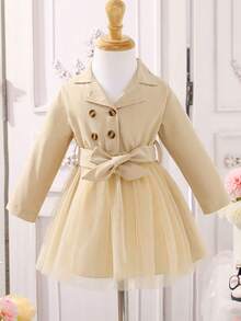 Baby Girl Double Breasted Contrast Mesh Hem Belted Dress - Khaki - View 7