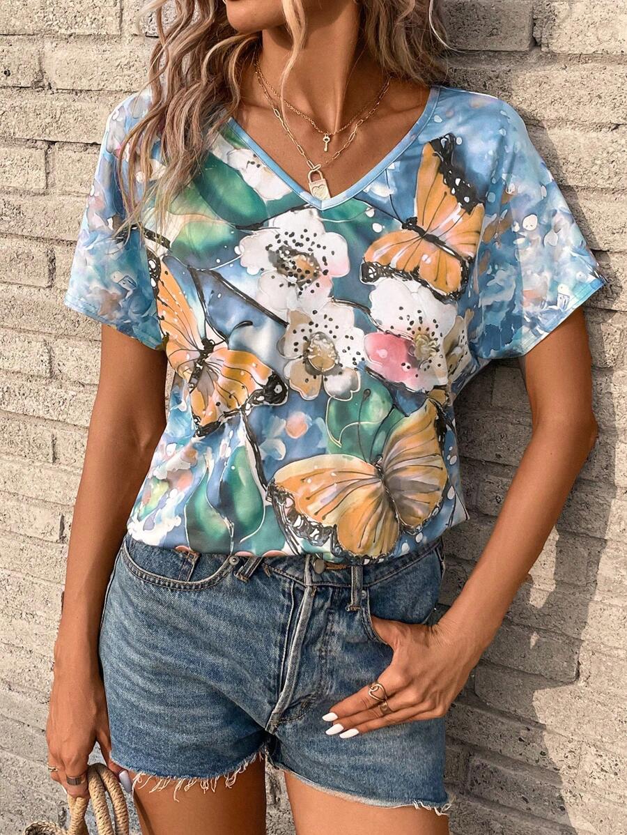 SHEIN LUNE 印花蝙蝠袖T恤 - 彩色 - 查看 1