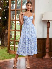 Floral Print Pocket Ruffle Hem Bustier Dress - Blue and White - View 6