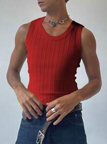 Men Solid Ribbed Knit Sweater Vest