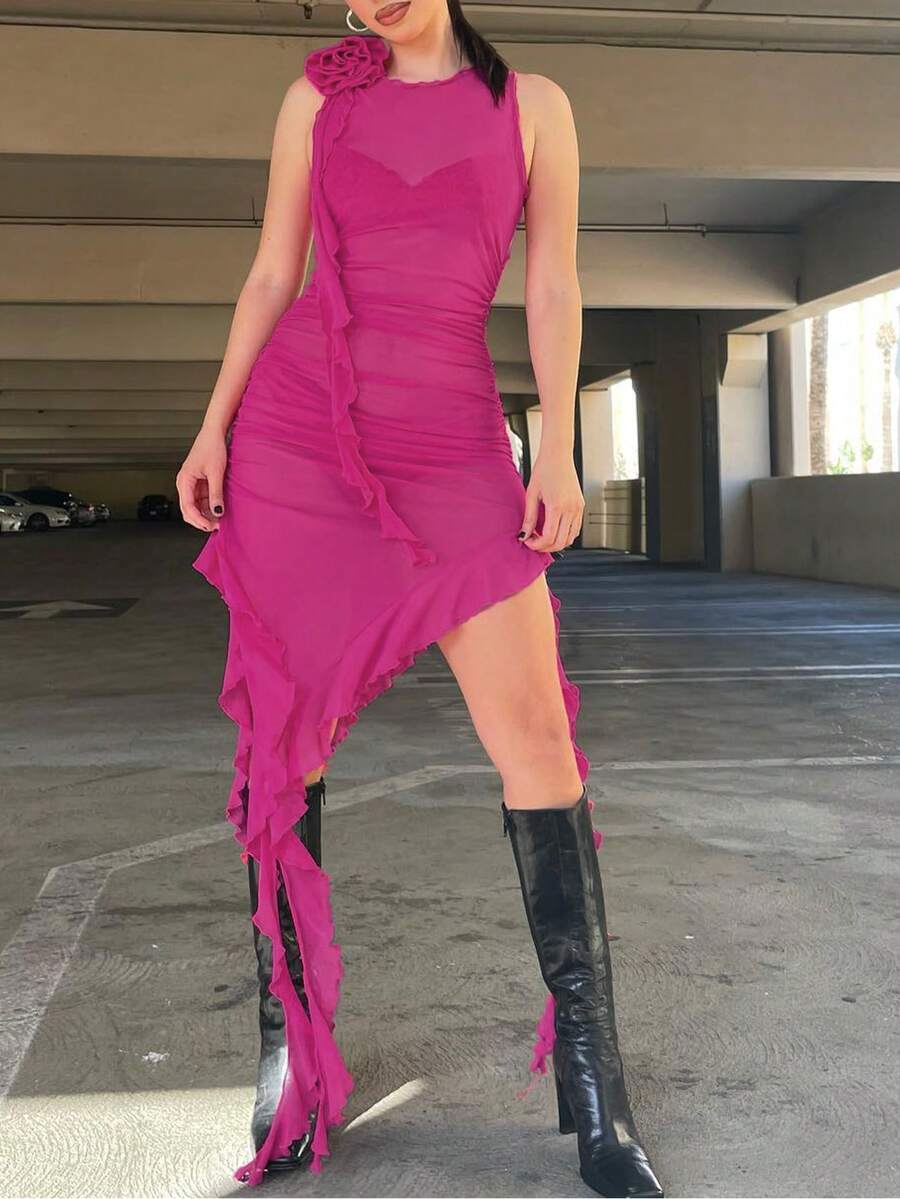 3d Vestido ribete con fruncido bajo asimétrico - Rosa Fucsia - Ver 1