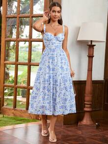 Floral Print Pocket Ruffle Hem Bustier Dress - Blue and White - View 7