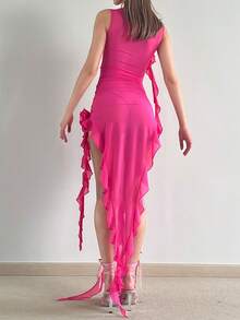 3d Vestido ribete con fruncido bajo asimétrico - Rosa Fucsia - Ver 2