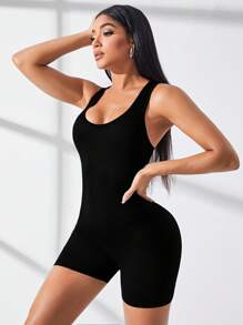 Easify SHEIN Sport Solid Rib-Knit Seamless Sports Romper,Women Tennis Outfit Gym Women Outfit