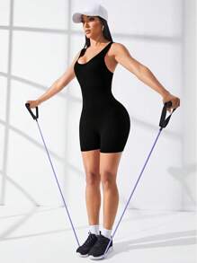 Easify SHEIN Sport Solid Rib-Knit Seamless Sports Romper,Women Tennis Outfit Gym Women Outfit