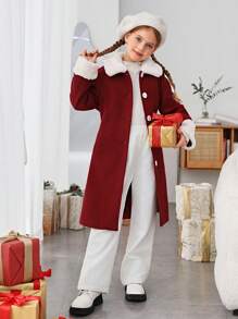 SHEIN Tween Girl Borg Collar Button Front Overcoat - Burgundy - View 5