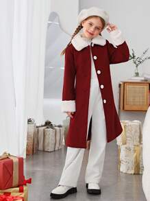 SHEIN Tween Girl Borg Collar Button Front Overcoat - Burgundy - View 3