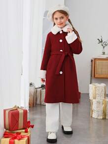 SHEIN Tween Girl Borg Collar Button Front Overcoat - Burgundy - View 1