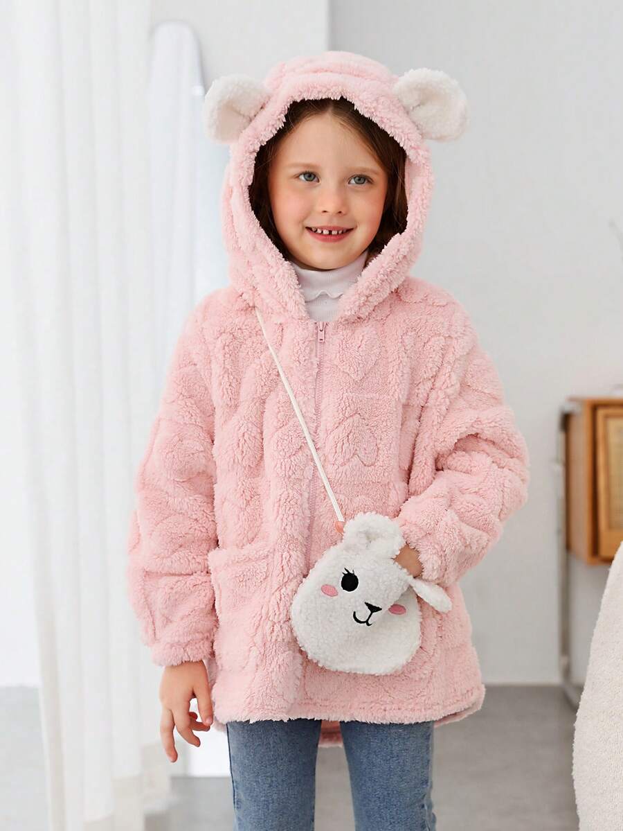 SHEIN 可愛刺綉 口袋 拉鍊卡通女童（小）外套 - 淺粉色 - 查看 1