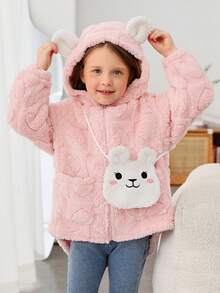 SHEIN 可愛刺綉 口袋 拉鍊卡通女童（小）外套 - 淺粉色 - 查看 4