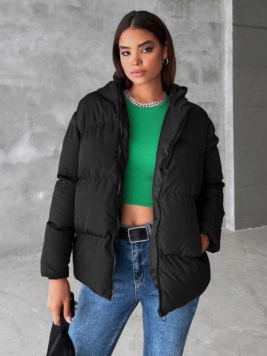 EURMUSE Zip Up Hooded Puffer Coat - Black - View 1