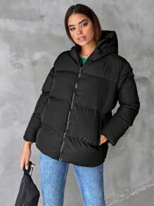 EURMUSE Zip Up Hooded Puffer Coat - Black - View 2