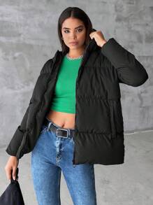 EURMUSE Zip Up Hooded Puffer Coat - Black - View 3