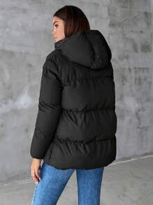 EURMUSE Zip Up Hooded Puffer Coat - Black - View 5