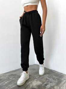 RueChic Solid Drawstring Waist Joggers - Black - View 1