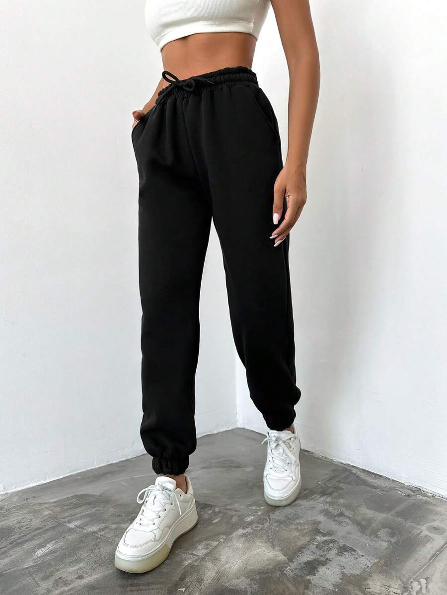RueChic Solid Drawstring Waist Joggers - Black - View 1