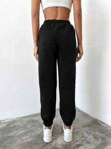 RueChic Solid Drawstring Waist Joggers - Black - View 2