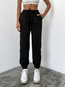 RueChic Solid Drawstring Waist Joggers - Black - View 3