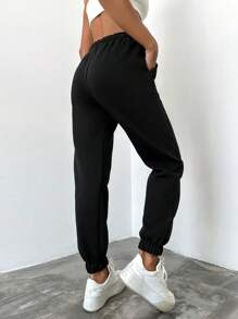 RueChic Solid Drawstring Waist Joggers - Black - View 4