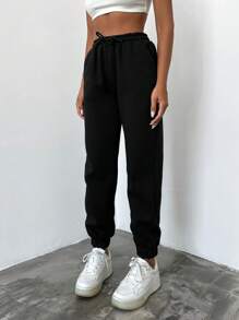 RueChic Solid Drawstring Waist Joggers - Black - View 6