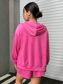 SHEIN EZwear Drop Shoulder Drawstring Hoodie & Shorts - Baby Pink - View 2