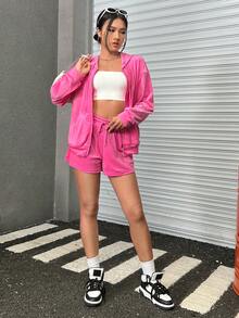 SHEIN EZwear Drop Shoulder Drawstring Hoodie & Shorts - Baby Pink - View 4