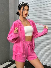 SHEIN EZwear Drop Shoulder Drawstring Hoodie & Shorts - Baby Pink - View 6