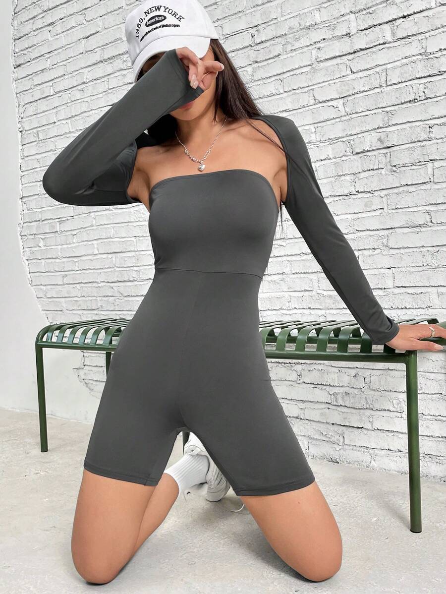 SHEIN EZwear Solid Tube Unitard Romper & Bolero - Dark Grey - View 1