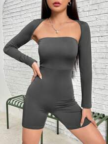 SHEIN EZwear Solid Tube Unitard Romper & Bolero - Dark Grey - View 3