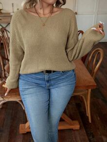 SHEIN LUNE Talla grande Jersey con diseño de cadena girante de espalda abierta de hombros caídos - Caqui - Ver 3