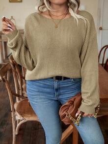 SHEIN LUNE Talla grande Jersey con diseño de cadena girante de espalda abierta de hombros caídos - Caqui - Ver 4