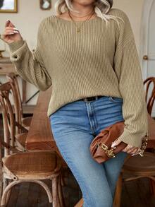 SHEIN LUNE Talla grande Jersey con diseño de cadena girante de espalda abierta de hombros caídos - Caqui - Ver 5