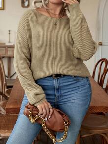 SHEIN LUNE Talla grande Jersey con diseño de cadena girante de espalda abierta de hombros caídos - Caqui - Ver 6