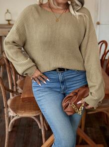 SHEIN LUNE Talla grande Jersey con diseño de cadena girante de espalda abierta de hombros caídos - Caqui - Ver 7