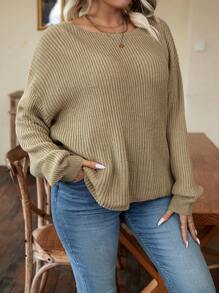 SHEIN LUNE Talla grande Jersey con diseño de cadena girante de espalda abierta de hombros caídos - Caqui - Ver 8