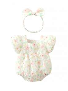 蝴蝶結 鈕扣花卉印花 全身印花嬰童（女）連體衣