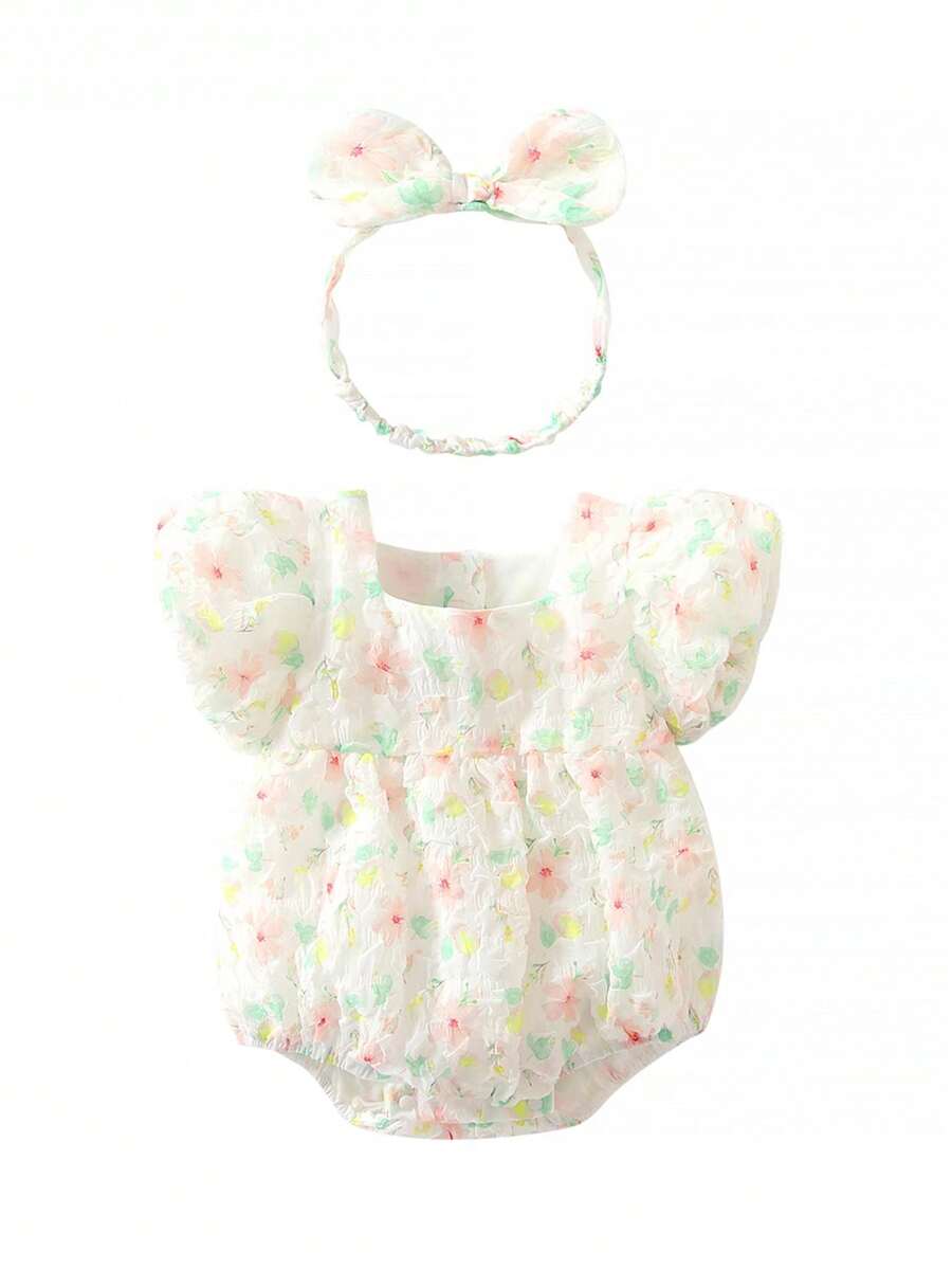 蝴蝶結 鈕扣花卉印花 全身印花嬰童（女）連體衣