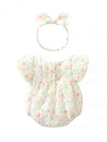 蝴蝶結 鈕扣花卉印花 全身印花嬰童（女）連體衣