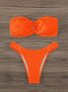SHEIN Swim Summer Beach Ring Linked Bandeau Bikini Set, Bathing Suit - Orange - View 5