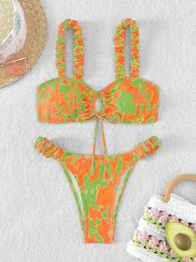 全印花荷葉邊束腰比基尼套裝 - 彩色 - 查看 1