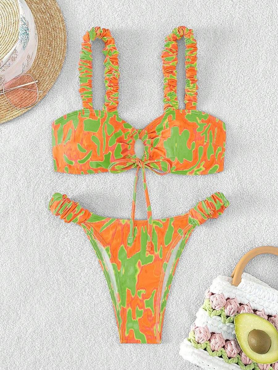 全印花荷葉邊束腰比基尼套裝 - 彩色 - 查看 1