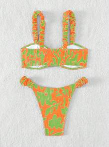 全印花荷葉邊束腰比基尼套裝 - 彩色 - 查看 2