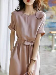 素色腰帶直筒連衣裙 - 藕粉色 - 查看 1
