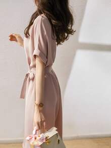 素色腰帶直筒連衣裙 - 藕粉色 - 查看 2