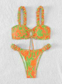 全印花荷葉邊束腰比基尼套裝 - 彩色 - 查看 5