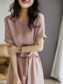 素色腰帶直筒連衣裙 - 藕粉色 - 查看 4